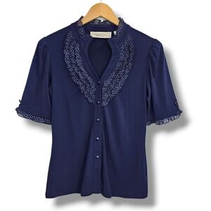 Simonton Says Top XXS Women Navy Blue Polka Dot Ruffle Button Up Coquette Preppy